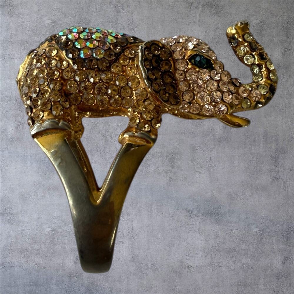 Vintage Elephant Cocktail Ring Gold Tone Rhinestone Statement Trunk Up Size 7